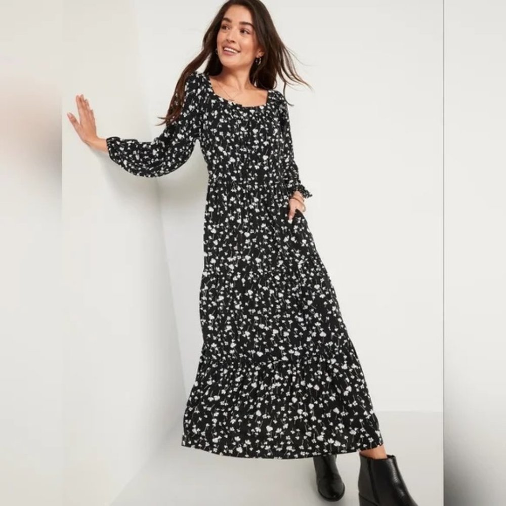 Old Navy Long-sleeve Square-neck Tiered Midi Black Ditsy Floral Dress Small